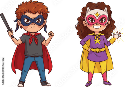 Cartoon kids superheroes, fantasy costumes, magical powers, heroic children, imaginative play, comic style, empowerment art, adventure design, playful characters, creative illustration