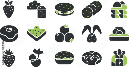 Bakery and Fresh Food Icon Set - Modern Flat Vector Symbols of Bread, Burger, Strawberry and Organic Snacks