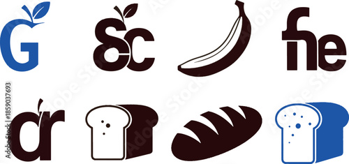 Food and Bakery Logo Concept Set - Vector Icons of Bread Loaves, Banana, and Creative Lettering with Natural Elements