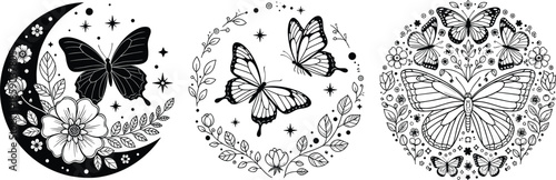Butterfly moon floral tattoo design set, celestial insect vector illustration, mystical nature circle art