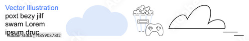 Gaming, cloud storage, digital entertainment, streaming, relaxation, leisure. A gaming controller, popcorn and cloud icons in clean minimal art style. Gaming and cloud storage concept