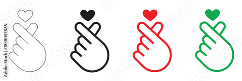 K-pop finger heart gesture vector icon set with outline, solid black, red and green heart symbols, isolated on transparent background for digital expression