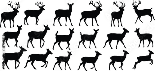 Collection of reindeer silhouettes in various poses against a blank background