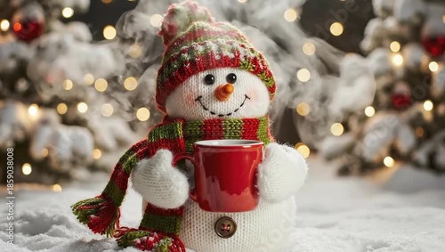 Cute Snowman Toy with Mug in Winter Scene | Cozy Plush Character Holiday Decor