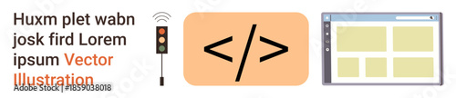 Web design, development, programming, user interface design, technology, internet. An HTML code symbol with a webpage layout and traffic light. Web design and development concept