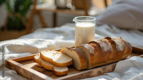 A glass of milk with freshly sliced bread on a wooden tray. AI generative.