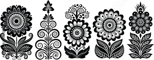 Folk art floral silhouette vector set, decorative black flower ornament collection, ethnic botanical embroidery style design, ornamental nature graphic illustration.