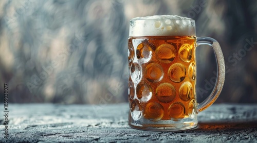 Frothy Beer Mug on Textured Surface with Bubbles