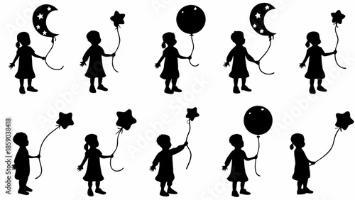 Silhouettes of children holding star and moon shaped balloons