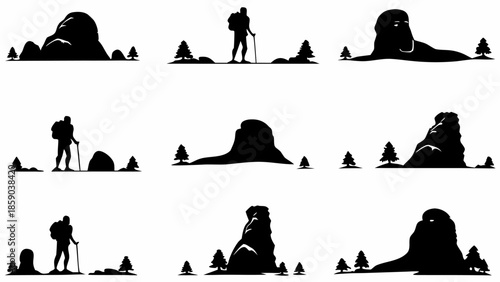 Hiker silhouettes in scenic mountain landscapes with trees