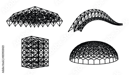 Dome frameworks and truss frameworks with geometric design structures for architectural work