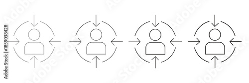 A set of four minimalist line art icons depicting a user or person symbol within a target or crosshair, indicating focus, audience selection, or identification, isolated on a clean white background