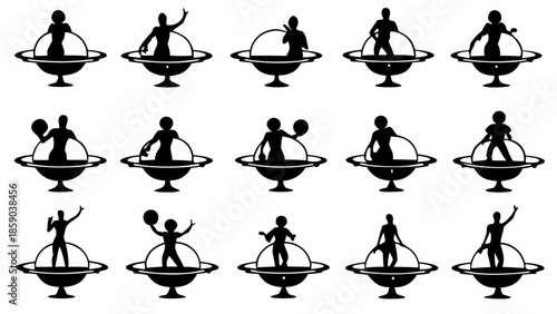 Dynamic silhouettes of people playing tennis on globe icons