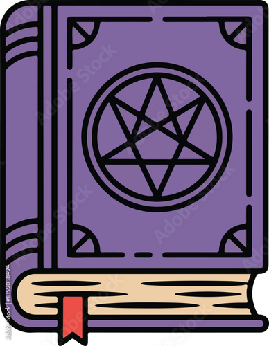Mystical Purple Occult Book with Pentagram Symbol Vector Graphic Illustration for Esoteric and Spiritual Themes