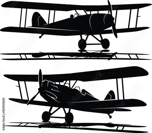 Vintage biplane airplane silhouettes, classic propeller aircraft flying, early aviation transport history illustration isolated on white background vector art design