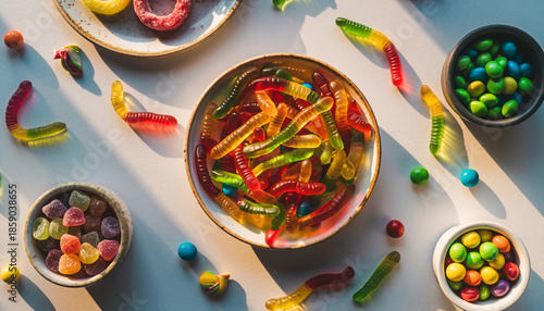 Wallpaper Mural Colorful gummy worms and candies scattered across a light grey surface, viewed from above Torontodigital.ca
