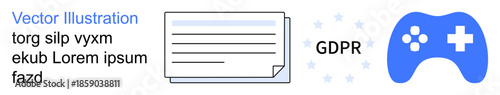 Data privacy, GDPR regulations, gaming policies, online compliance, EU law, digital security. Gaming controller and document GDPR compliance. Data privacy and GDPR regulations concept