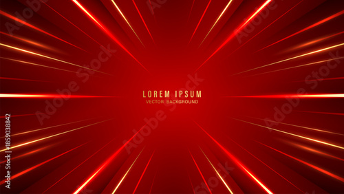 Abstract red and gold speed line background. Dynamic glowing light rays with zoom effect