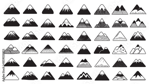 Mountain Icons in Various Styles and Textures in Black and White for Graphic Design