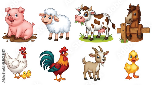Cute cartoon farm animals collection set, group of domestic livestock mascots including pig sheep cow horse hen rooster goat and duckling, isolated on white background