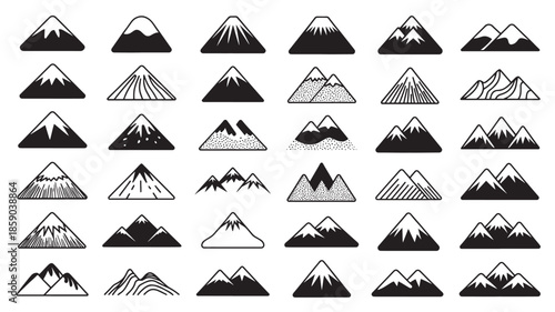 Mountain Icons Set in Various Styles and Designs in Black and White for Graphic Design