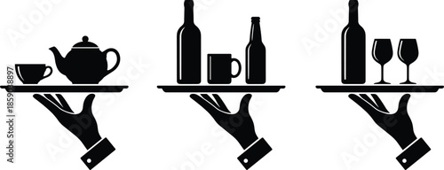 Waiter hand serving tea coffee wine and beer silhouettes hospitality service black vector illustration isolated on white background restaurant concept