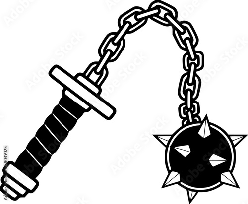 medieval flail weapon, silhouette, black and white