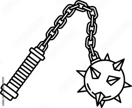 medieval flail weapon, silhouette, black and white