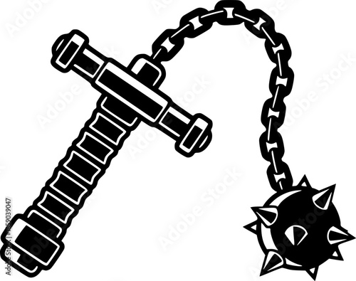 medieval flail weapon, silhouette, black and white