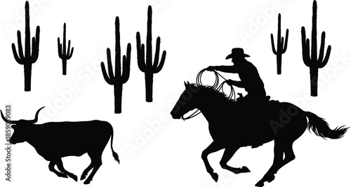 Western cowboy silhouette chasing bull on horseback with cactus desert background, rodeo ranch lifestyle illustration isolated on white vector art