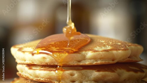 A stack of fluffy pancakes with a golden-brown color being drizzled with syrup
