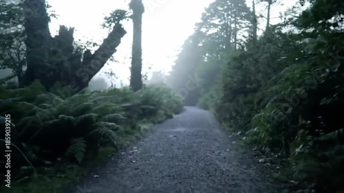 A serene and mysterious forest path shrouded in mist, lined with ferns and trees
