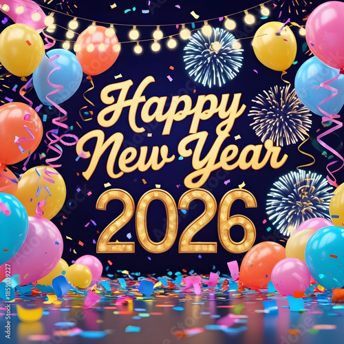 Happy New Year 2026 Festive Background with Colorful Balloons Fireworks and Confetti
