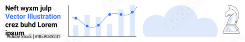 Business strategy, data visualization, technology, decision-making, analytics, IT solutions. Graph with upward points, cloud symbol and a chess knight. Business strategy and data visualization