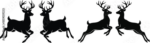 Four reindeer in motion, captured as crisp black silhouettes against a white background
