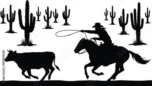 Western cowboy silhouette roping bull on horseback in desert cactus landscape, rodeo ranch lifestyle illustration isolated on white background vector