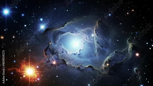A vibrant celestial body with a bright white center, surrounded by a swirling blue nebula and illuminated by nearby stars against a starry black background