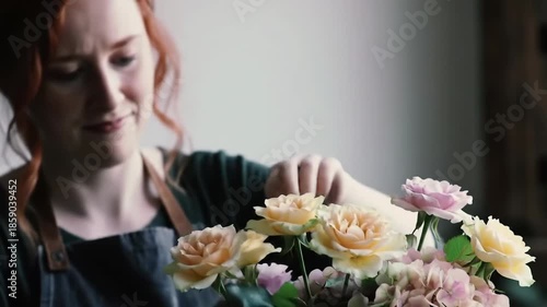 A woman with fair skin and red hair wearing a dark green top examines a bouquet of peach, pink, and white flowers