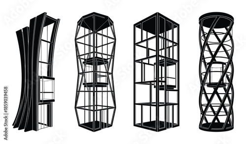 Modern architecture design of skeletal structures for buildings in isometric view