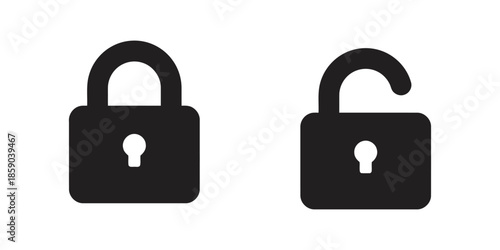 Lock and Unlock Symbol Icons Representing Security System for Safety Access on Privacy Protection Concept Isolated on White Background in Minimalist Style in Dark Black