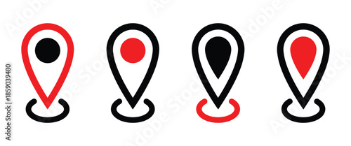 Location Pointer Symbol Vector Icon Set in Varied Styles and Color Combinations Including Black and Red Design for Maps Navigation and Place Markers in Simple Design
