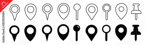 Location Pin Icon Set with Map Marker Symbols in Outline and Solid Styles Vector Illustration