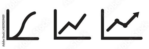 Collection of multiple black outline business graph icons illustrating various data trends, financial growth, statistical analysis, and market performance isolated on transparent background.