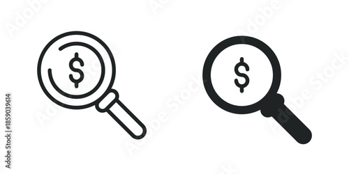 Magnifying glass with dollar symbol vector illustration in thin line style on white background concept of financial investigation research audit inspection scrutiny isolated