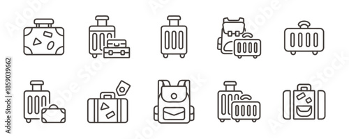 Luggage Icons with Suitcases and Backpacks for Travel Preparation or Tourist With Baggage, Handbags, Carriers, Briefcases, Duffels, Kits, Holdalls and Trunks