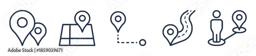 Map Location Icons Set with Pin Pointers and Route Planning Symbols Modern Linear Vector Pictograms for Destination and Positioning Concept Isolated on White Background
