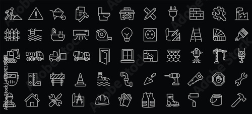 Construction icon set. Containing labor, crane, engineering, equipment, helmet, tool, builder, labour day, renovation architecture, plumbing and more. Editable line icons. Vector illustration.
