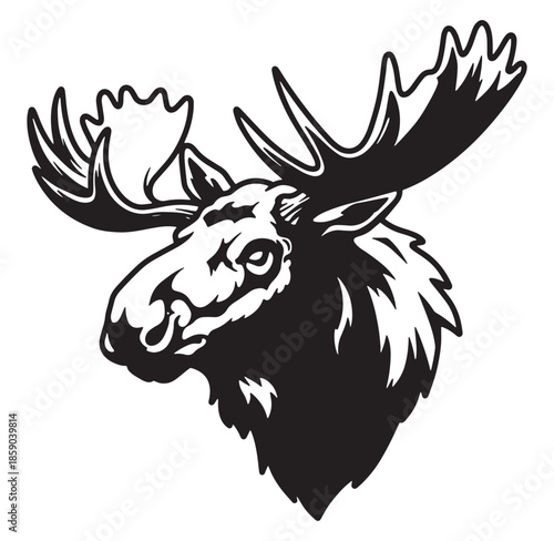 Majestic silhouette illustration of a moose head featuring antlers and nature design