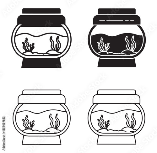 Minimalist vector illustration of four fishbowls with aquatic plants in black and white