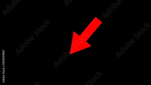Red diagonal arrow animation pointing down left on transparent background. High quality 4K directional indicator for tutorials, call to action, presentations, navigation, overlays, and motion graphics